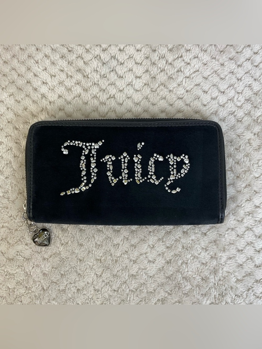 Juicy Couture Black Velour Crystal-Logo Zip Around Wallet